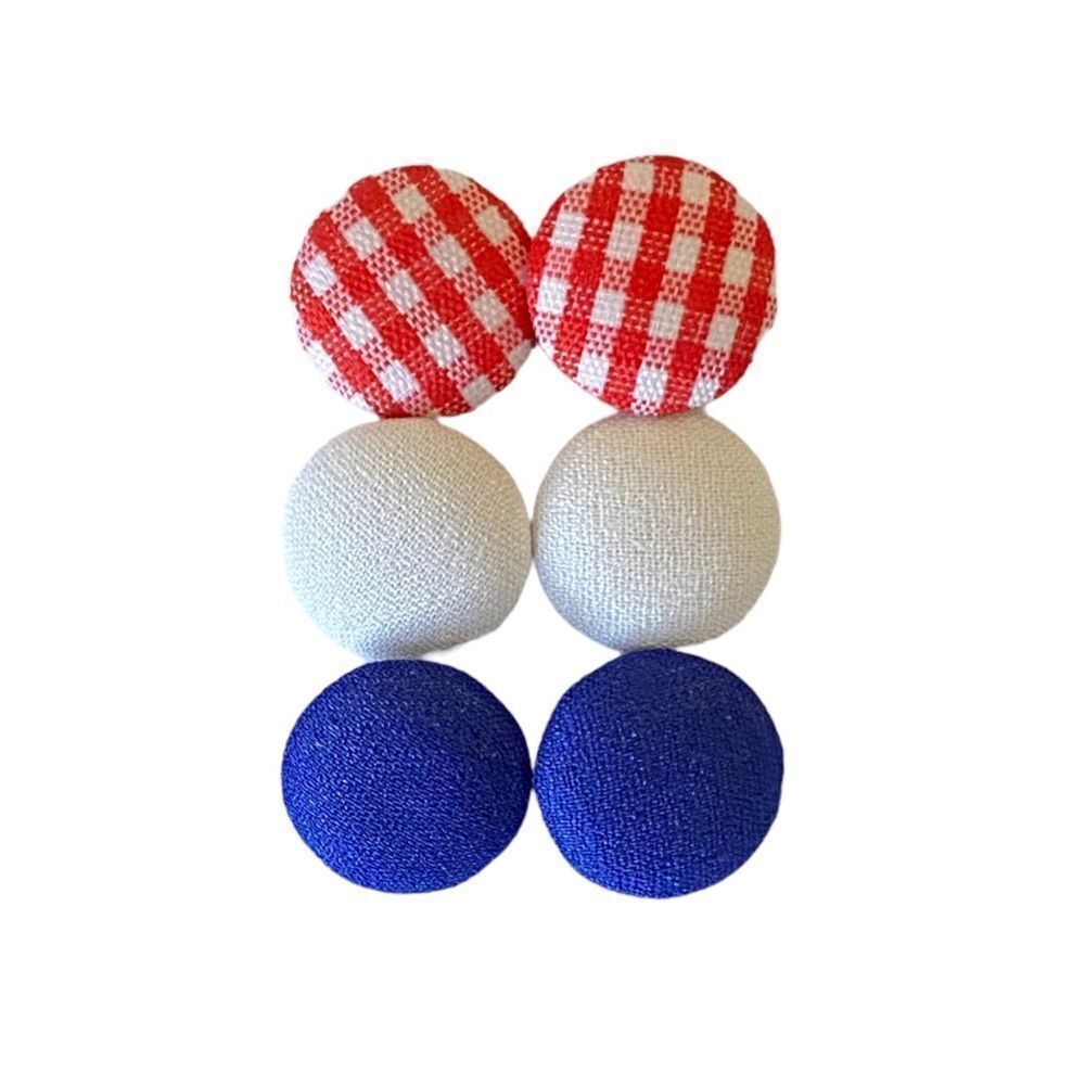 Cloth Bead Button Style Stud Earrings Gingham Print & Solid 3 Piece Set OSFM
